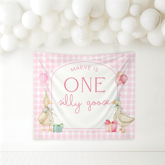 Pink Gingham One Silly Goose Birthday Personalized Banner