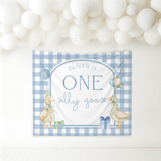 Blue Gingham One Silly Goose Birthday Personalized Banner
