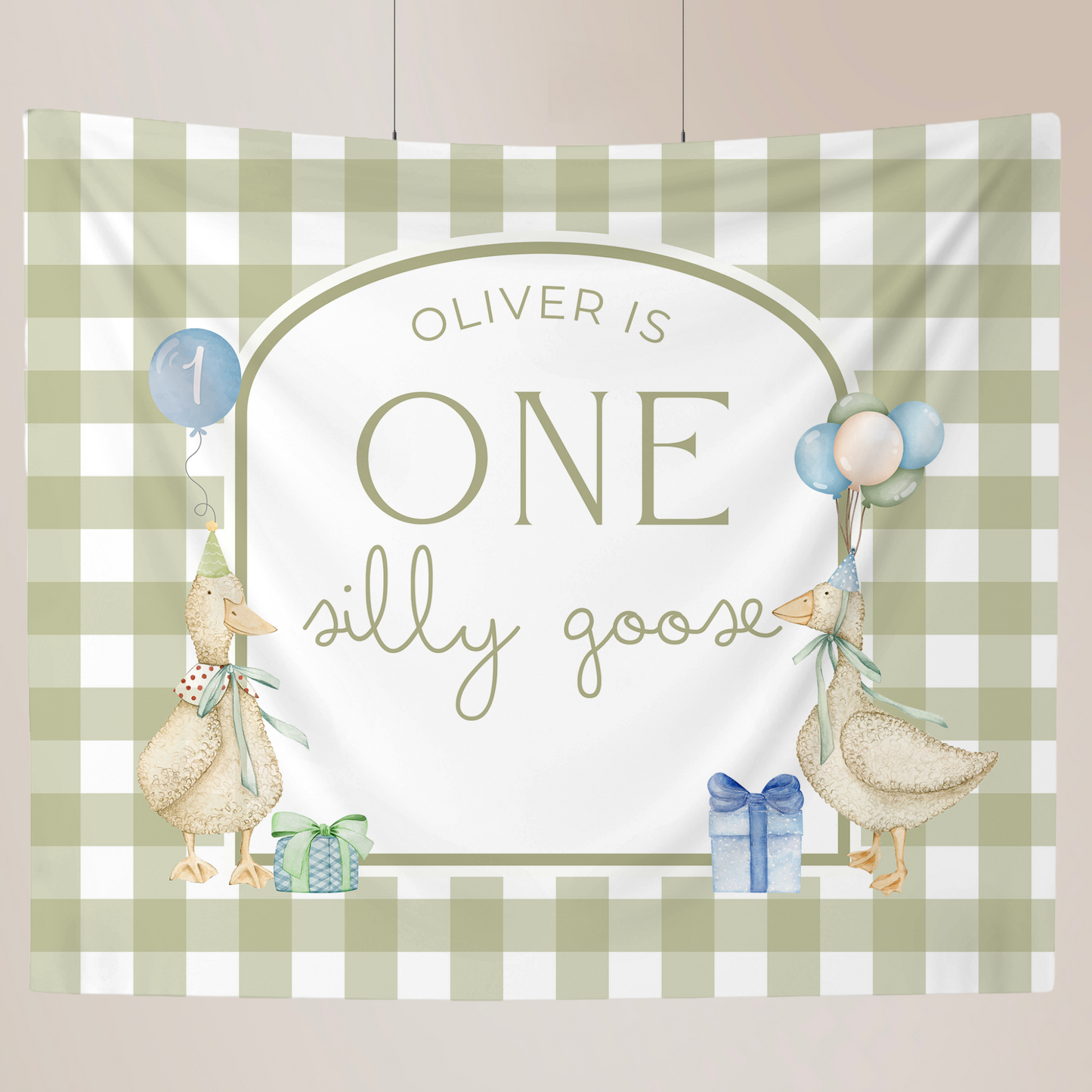 Green Gingham One Silly Goose Birthday Personalized Banner