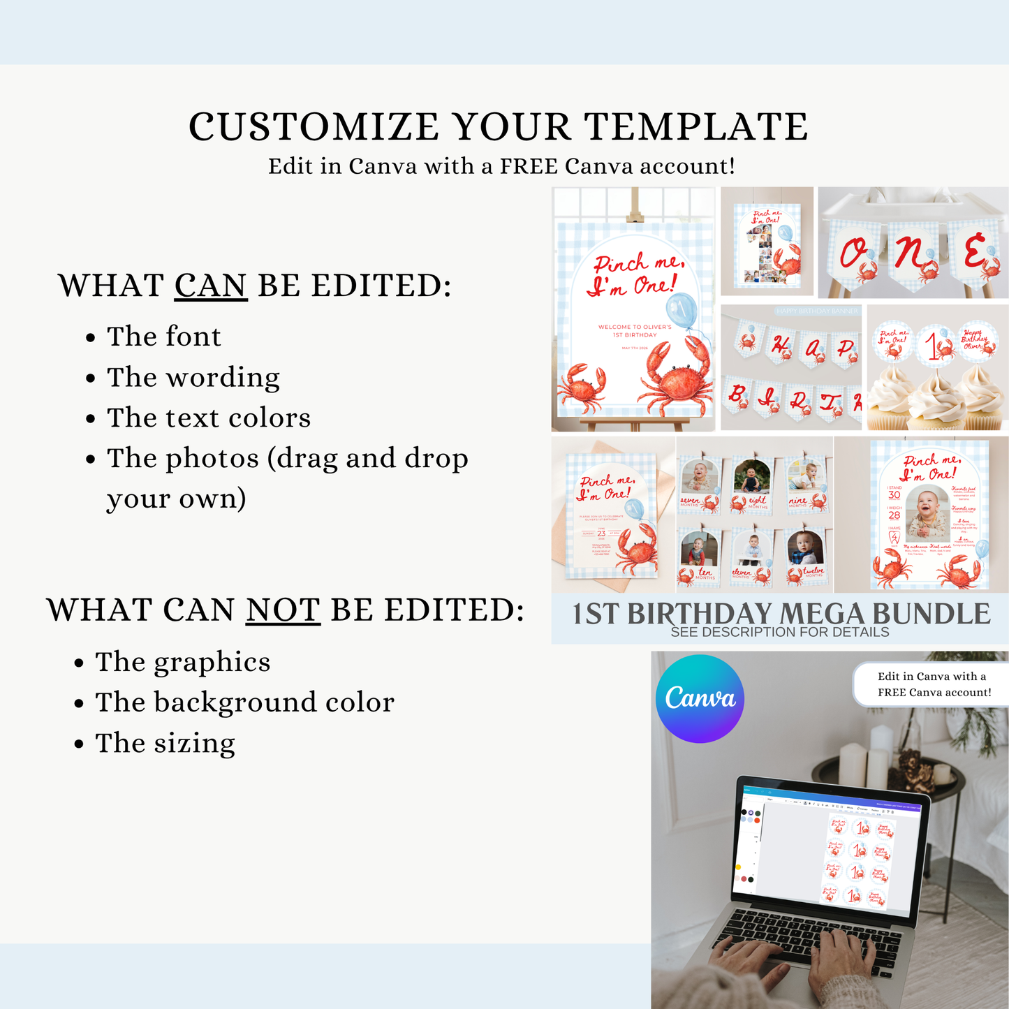 Blue Crab Pinch Me I'm One Birthday Party Set (Everything You Need)
