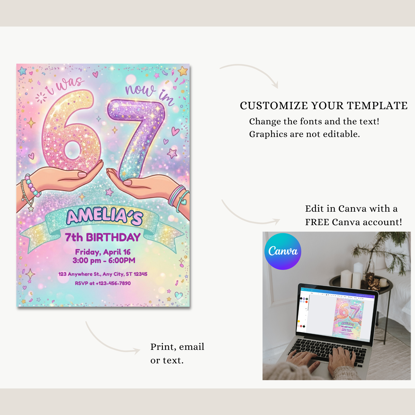 I Was 6 Now Im 7 Birthday Invitation, Fun 7Th Birthday Party Supplies, Instant Download Invite