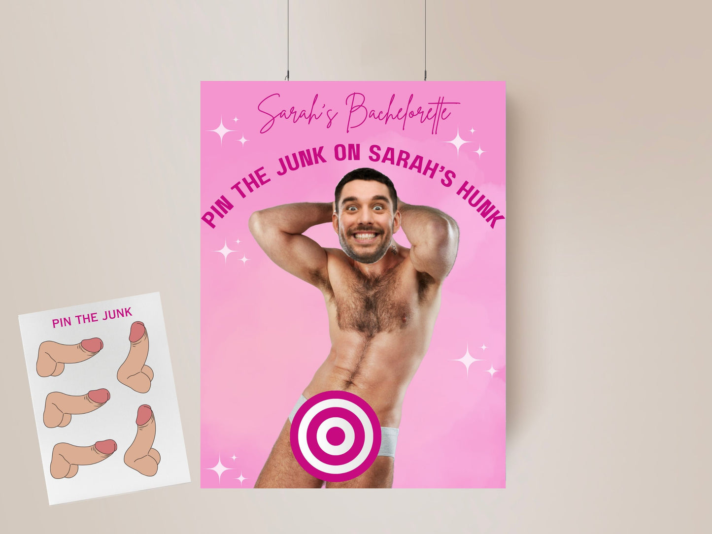 Pin the Junk on the Hunk, Pin the Pecker Bachelorette Party Game Hen Party personalized decor Same penis forever Bach Games Groom Face Decor