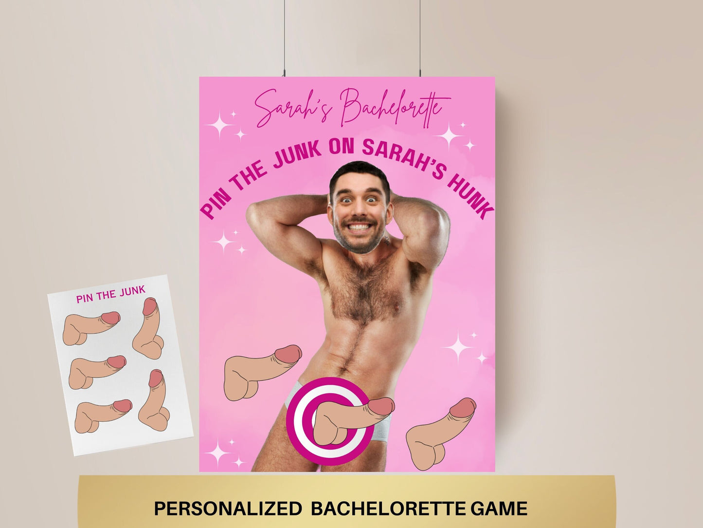 Pin the Junk on the Hunk, Pin the Pecker Bachelorette Party Game Hen Party personalized decor Same penis forever Bach Games Groom Face Decor