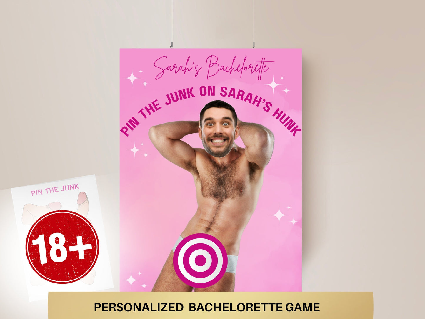 Pin the Junk on the Hunk, Pin the Pecker Bachelorette Party Game Hen Party personalized decor Same penis forever Bach Games Groom Face Decor