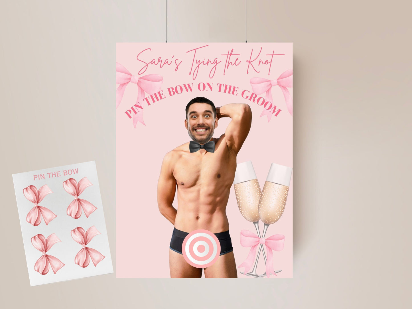 She's Tying the knot Bachelorette Party Game Template Coquette Bridal Shower personalized decor sign Bow Editable Games Groom Face Decor