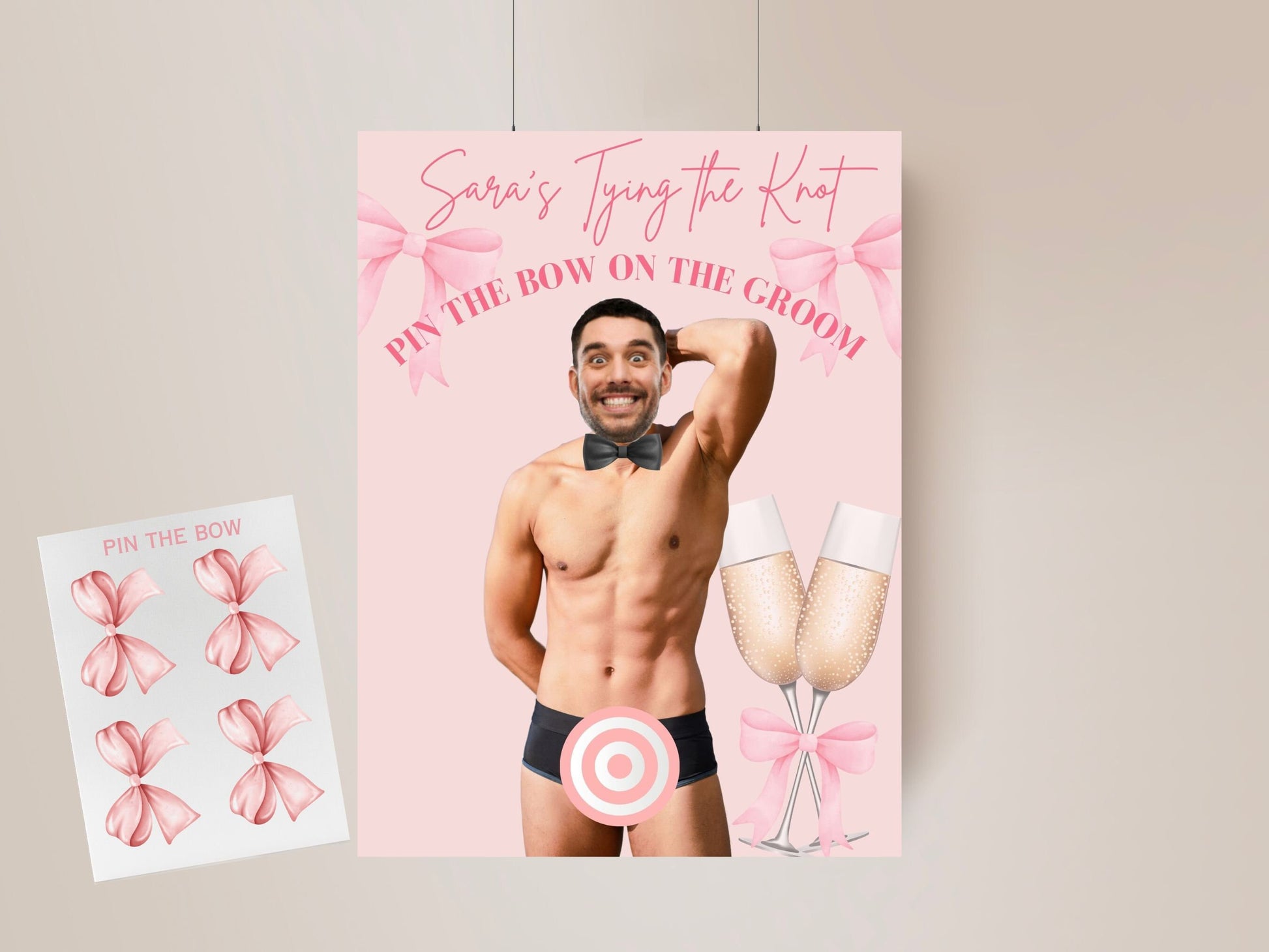 She's Tying the knot Bachelorette Party Game Template Coquette Bridal Shower personalized decor sign Bow Editable Games Groom Face Decor