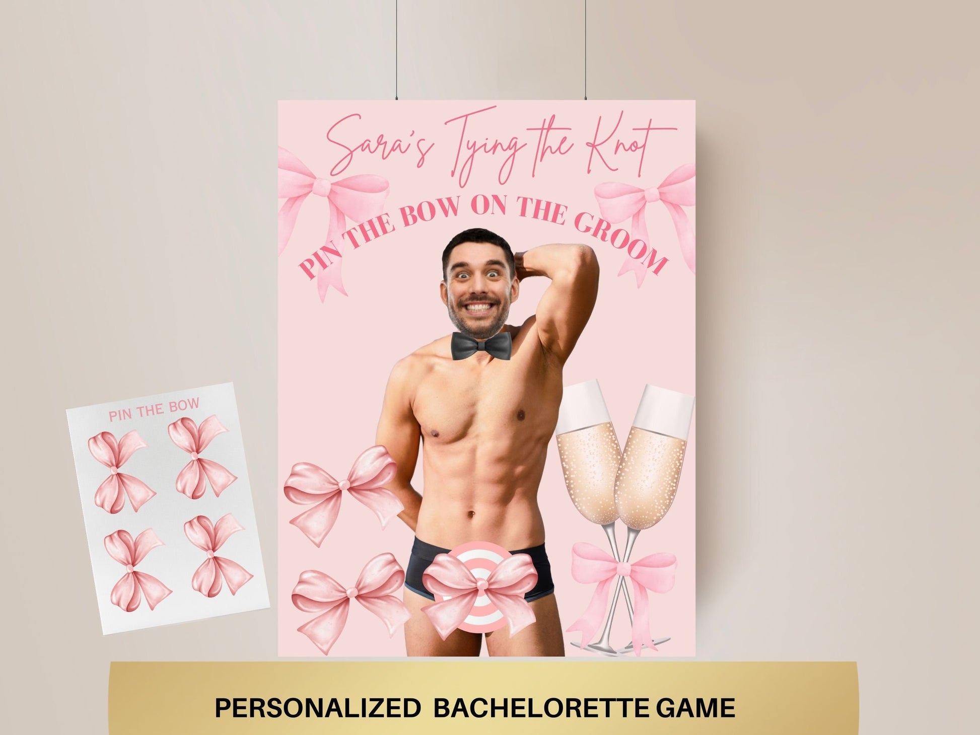 She's Tying the knot Bachelorette Party Game Template Coquette Bridal Shower personalized decor sign Bow Editable Games Groom Face Decor