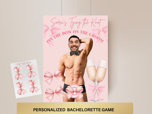 She's Tying the knot Bachelorette Party Game Template Coquette Bridal Shower personalized decor sign Bow Editable Games Groom Face Decor