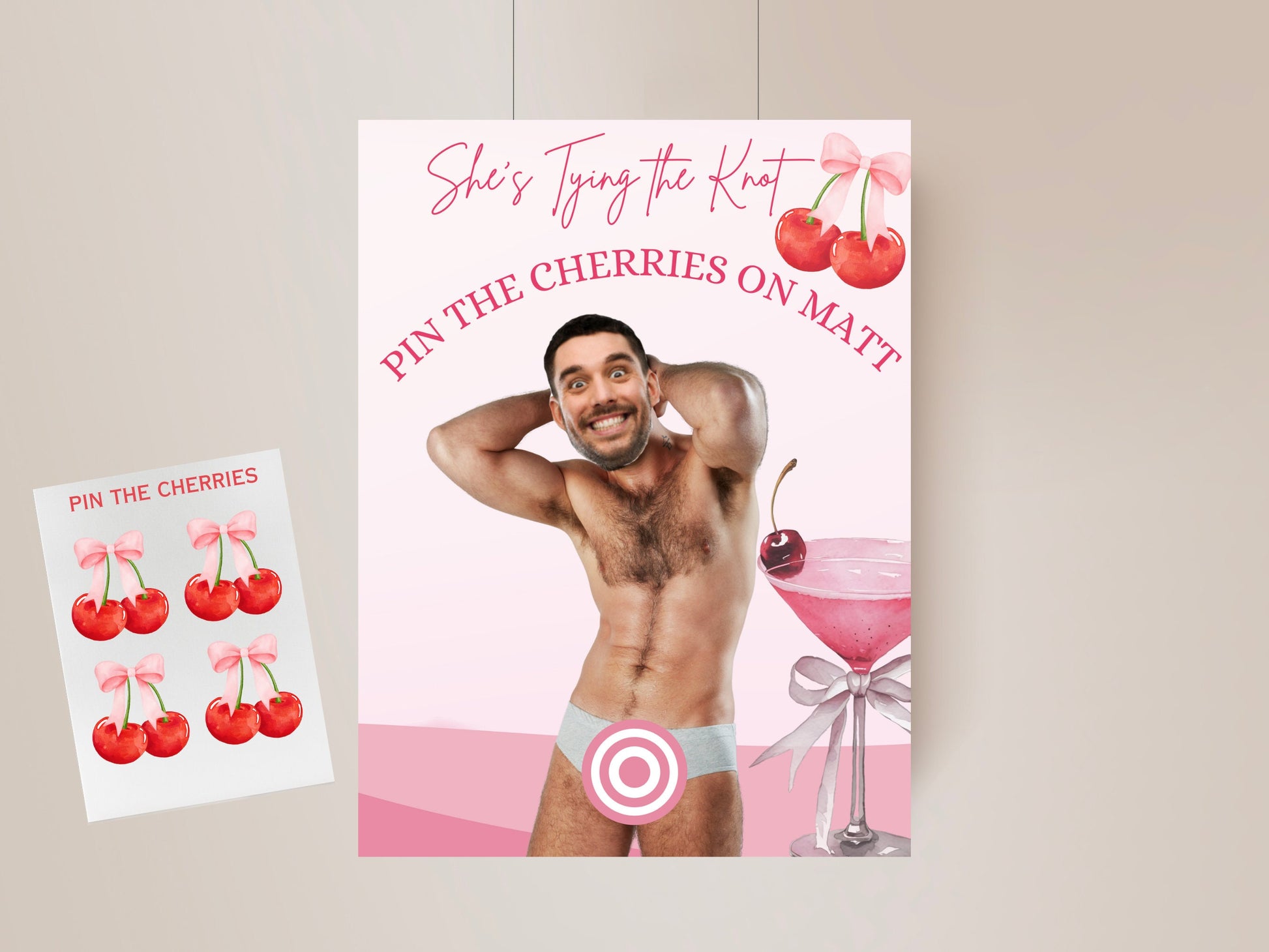 She's Tying the knot Bachelorette Party Game Template Cherry on top Coquette Bridal Shower personalized sign Bow Editable Games Groom Face