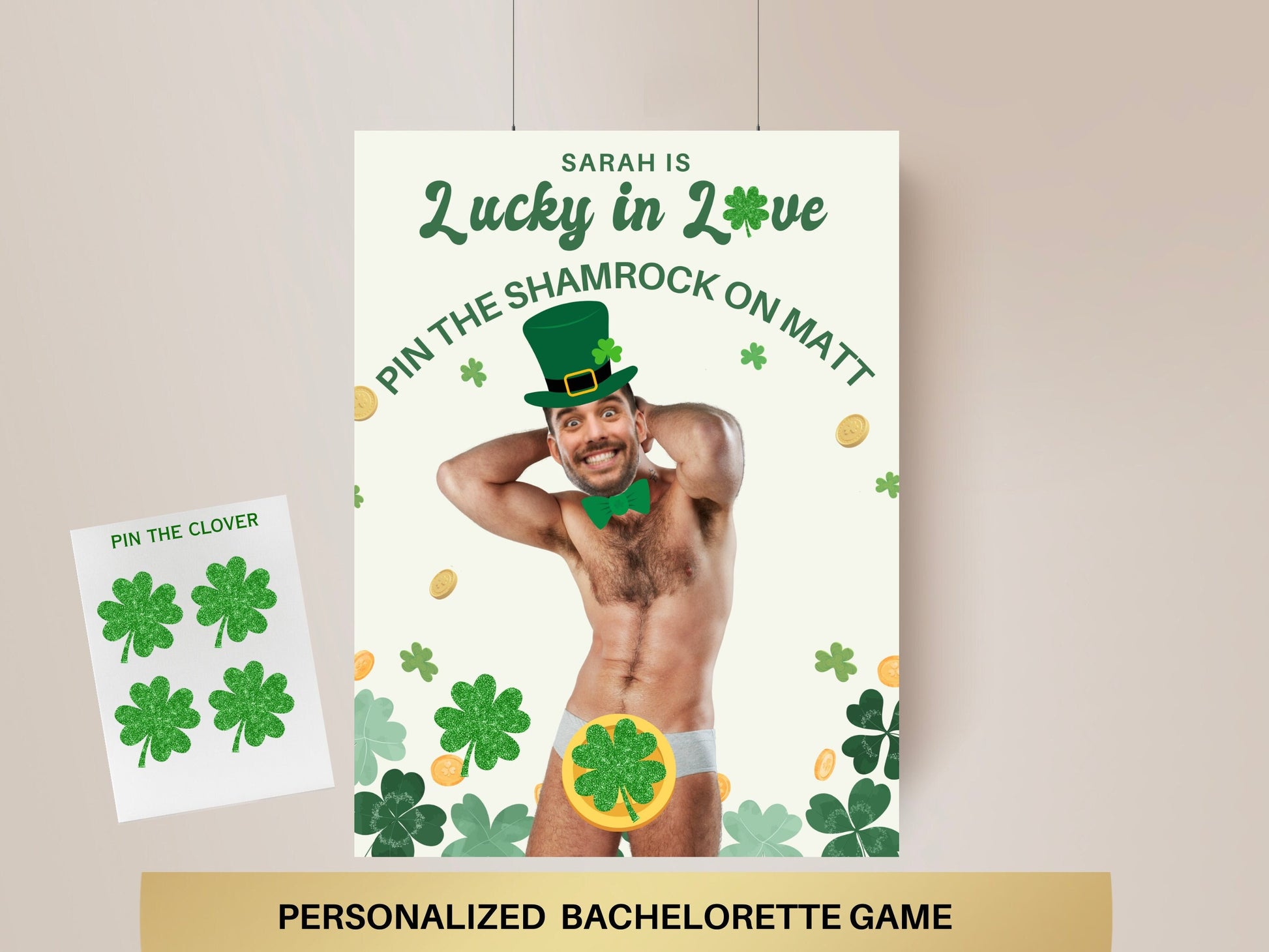 Lucky in Love Bachelorette Party Game Template St. Patrick's day personalized decor sign Irish Bach Editable Game Groom Face Decor