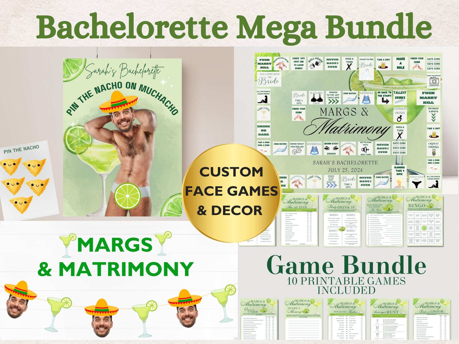 Margs and Matrimony Bachelorette Party Game Template Final Fiesta personalized decor sign Tequila Bach Editable Games Groom Face Decor