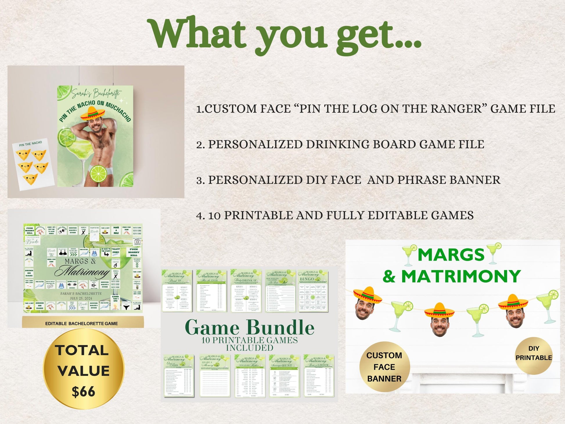 Margs and Matrimony Bachelorette Party Game Template Final Fiesta personalized decor sign Tequila Bach Editable Games Groom Face Decor