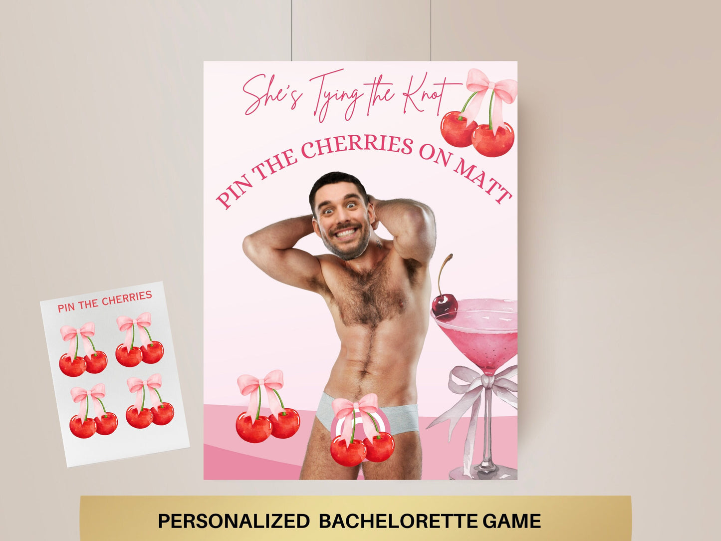 She's Tying the knot Bachelorette Party Game Template Cherry on top Coquette Bridal Shower personalized sign Bow Editable Games Groom Face