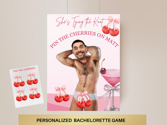 She's Tying the knot Bachelorette Party Game Template Cherry on top Coquette Bridal Shower personalized sign Bow Editable Games Groom Face