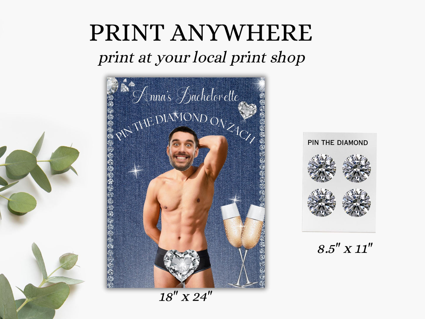 Denim and Diamonds Bachelorette Party Personalized Game Printable Poster Groom face decor Hen blue jeans and bling Ladies night out country