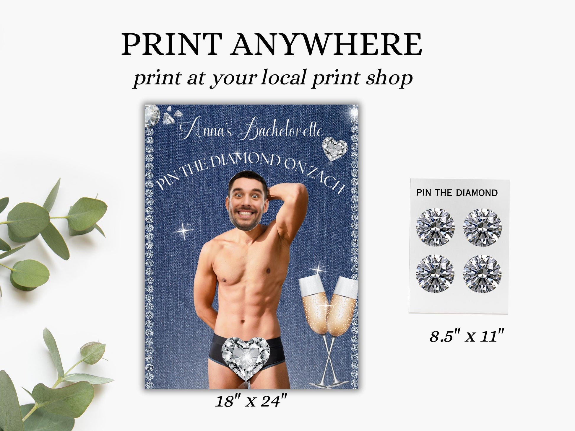 Denim and Diamonds Bachelorette Party Personalized Game Printable Poster Groom face decor Hen blue jeans and bling Ladies night out country