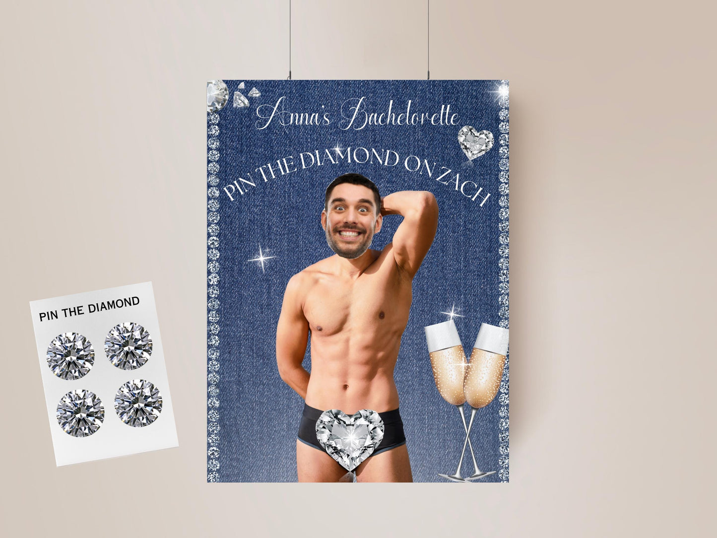Denim and Diamonds Bachelorette Party Personalized Game Printable Poster Groom face decor Hen blue jeans and bling Ladies night out country