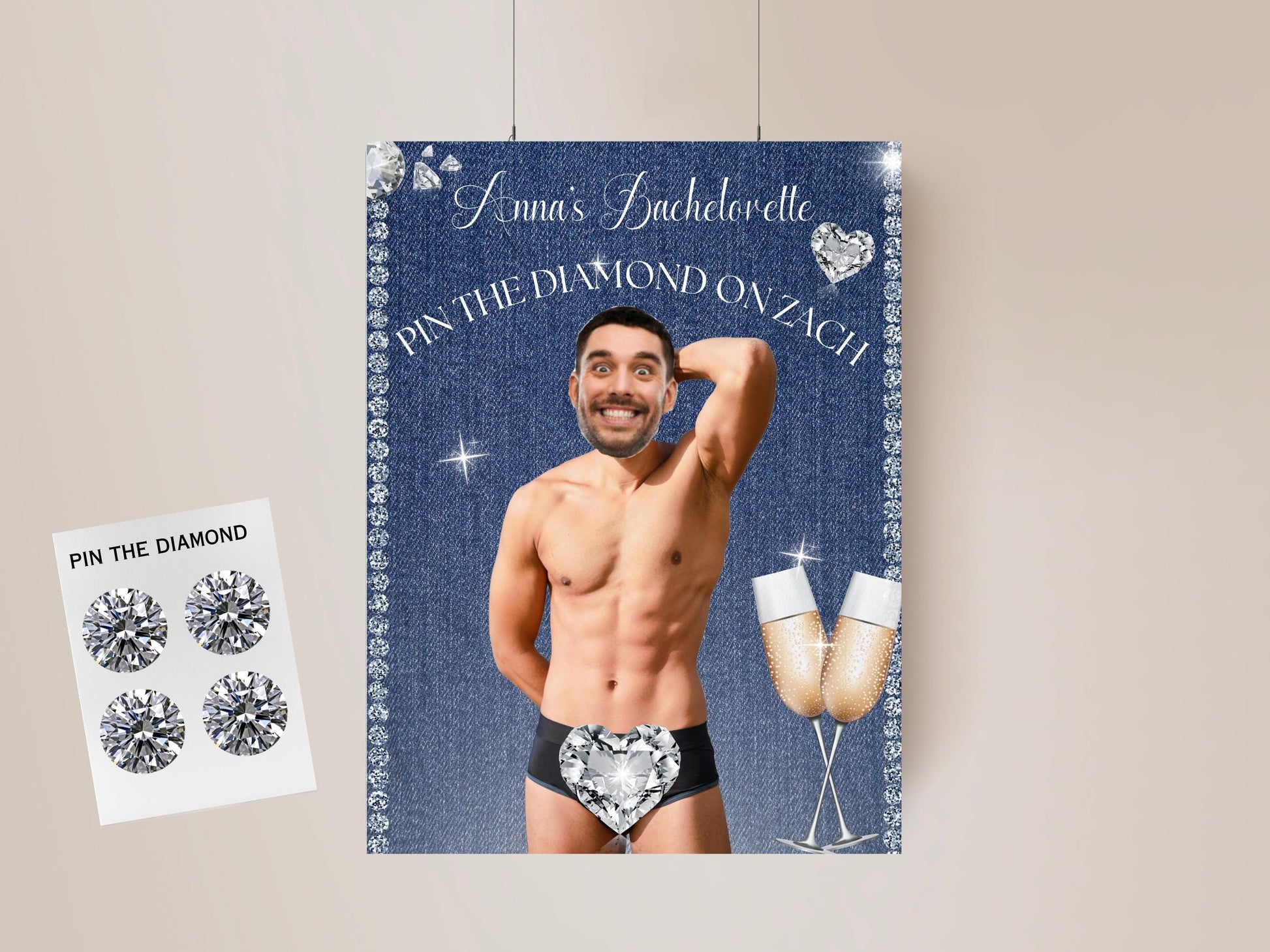 Denim and Diamonds Bachelorette Party Personalized Game Printable Poster Groom face decor Hen blue jeans and bling Ladies night out country