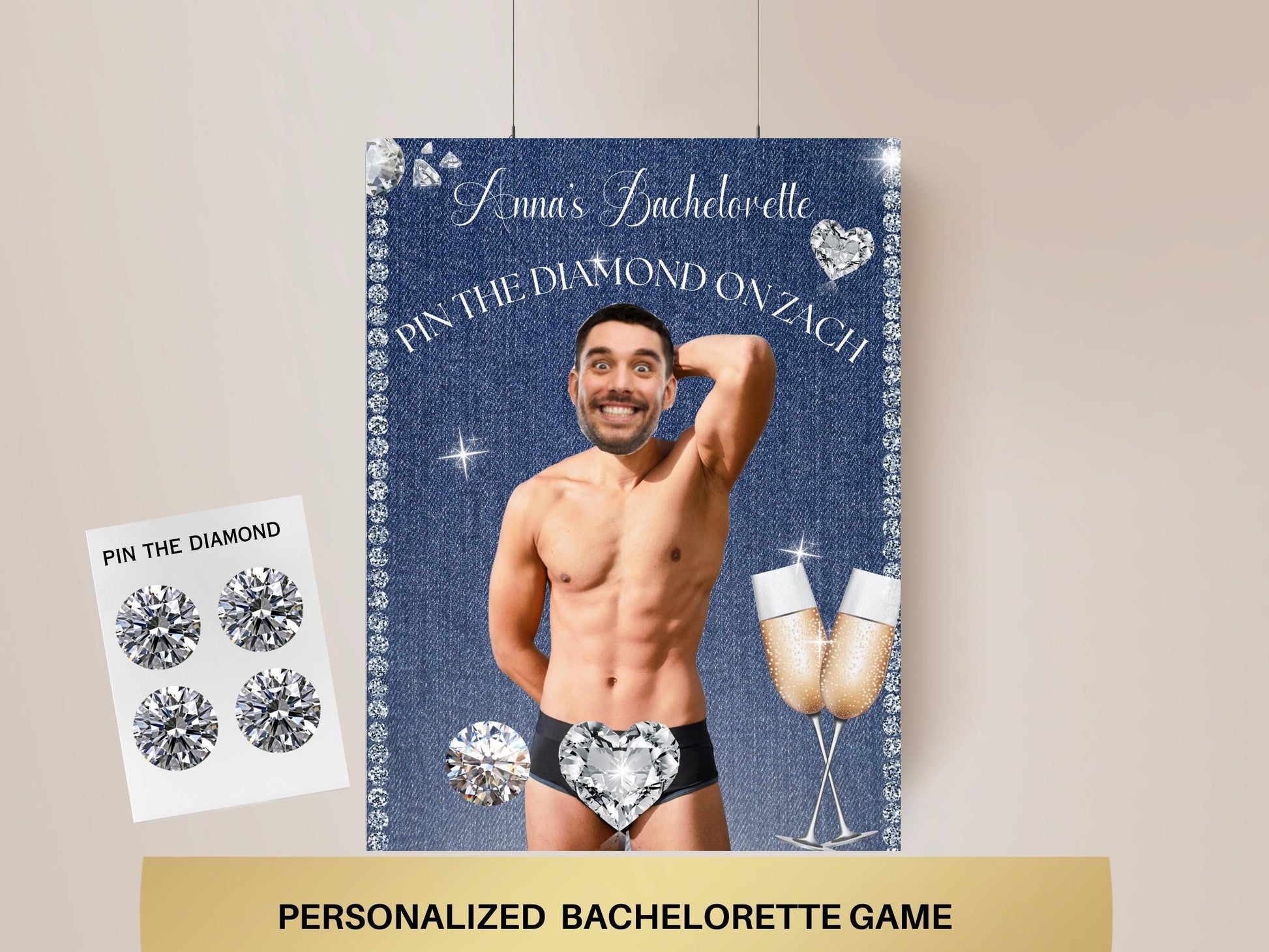 Denim and Diamonds Bachelorette Party Personalized Game Printable Poster Groom face decor Hen blue jeans and bling Ladies night out country