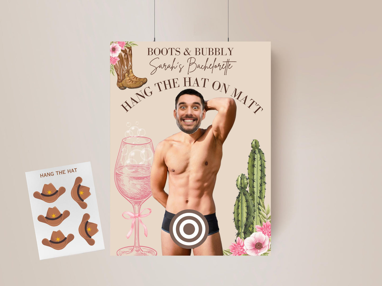Boots and Bubbly Cowboy Bachelorette Party Game desert western personalized decor sign Nashville Bach Editable Game Groom Face Last Rodeo