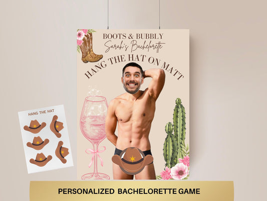 Boots and Bubbly Cowboy Bachelorette Party Game desert western personalized decor sign Nashville Bach Editable Game Groom Face Last Rodeo