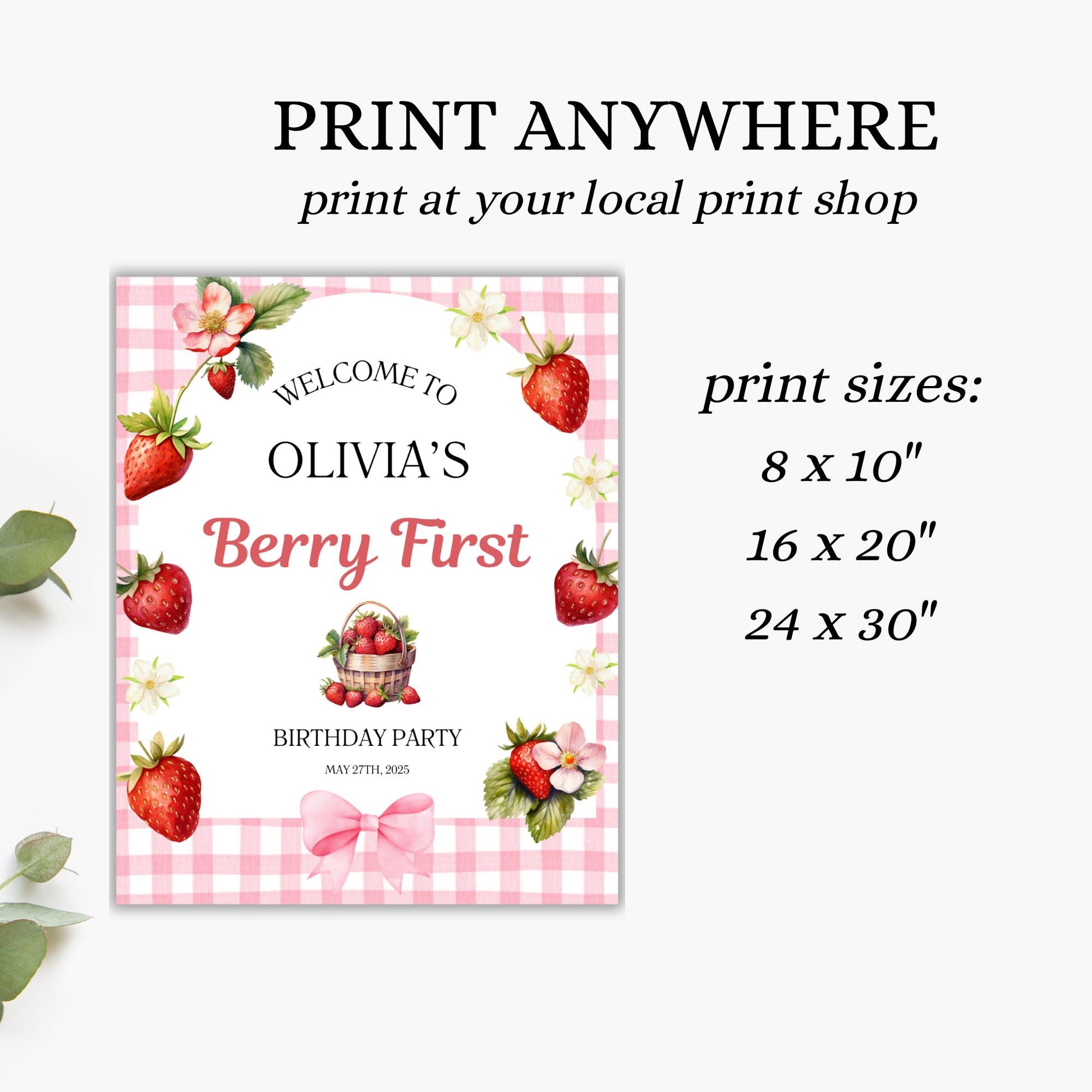 Berry First Birthday Sign Gingham Pink Berry 1st Birthday Welcome Sign Strawberry party farmer's market One Yard Sign 1st birthday girl