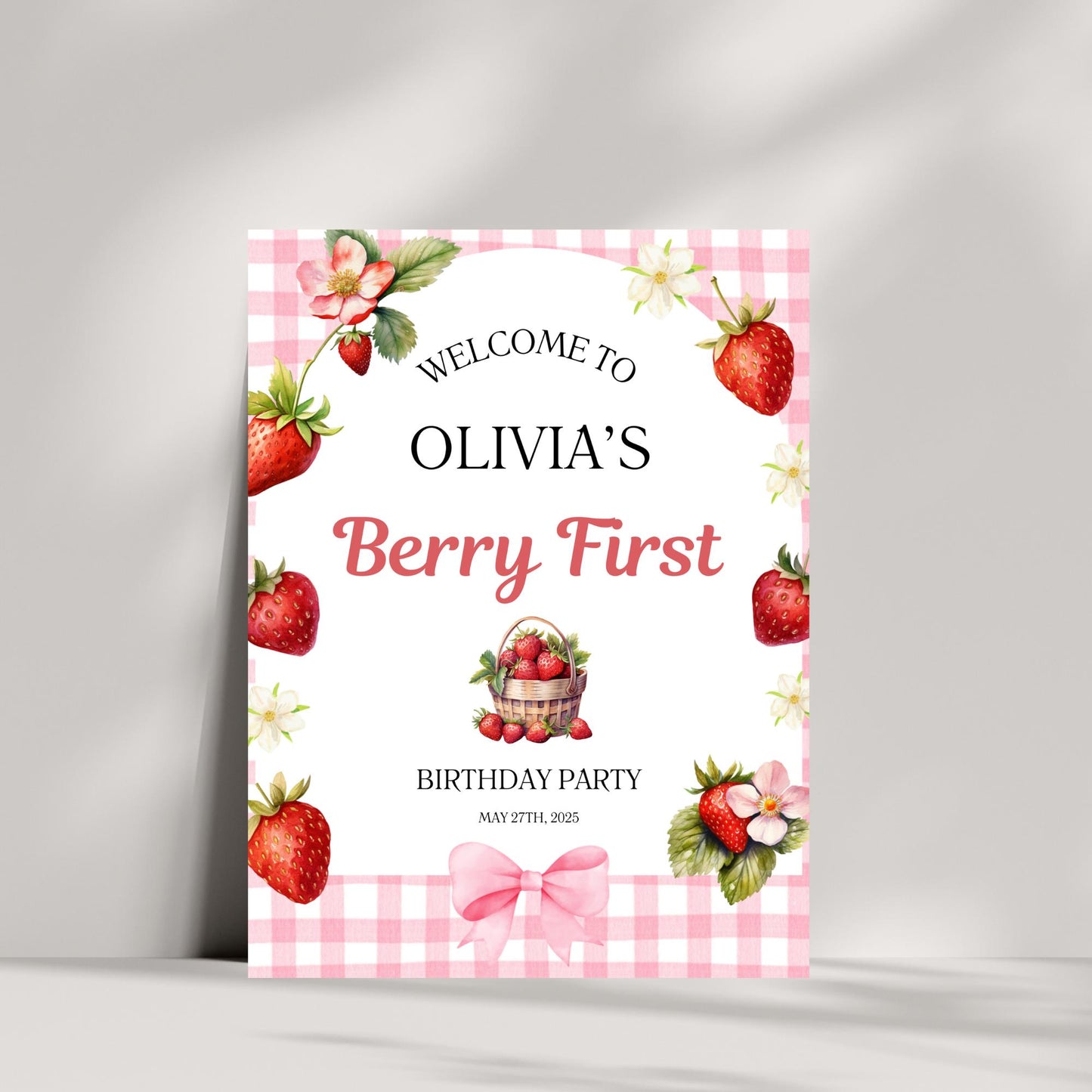 Berry First Birthday Sign Gingham Pink Berry 1st Birthday Welcome Sign Strawberry party farmer's market One Yard Sign 1st birthday girl