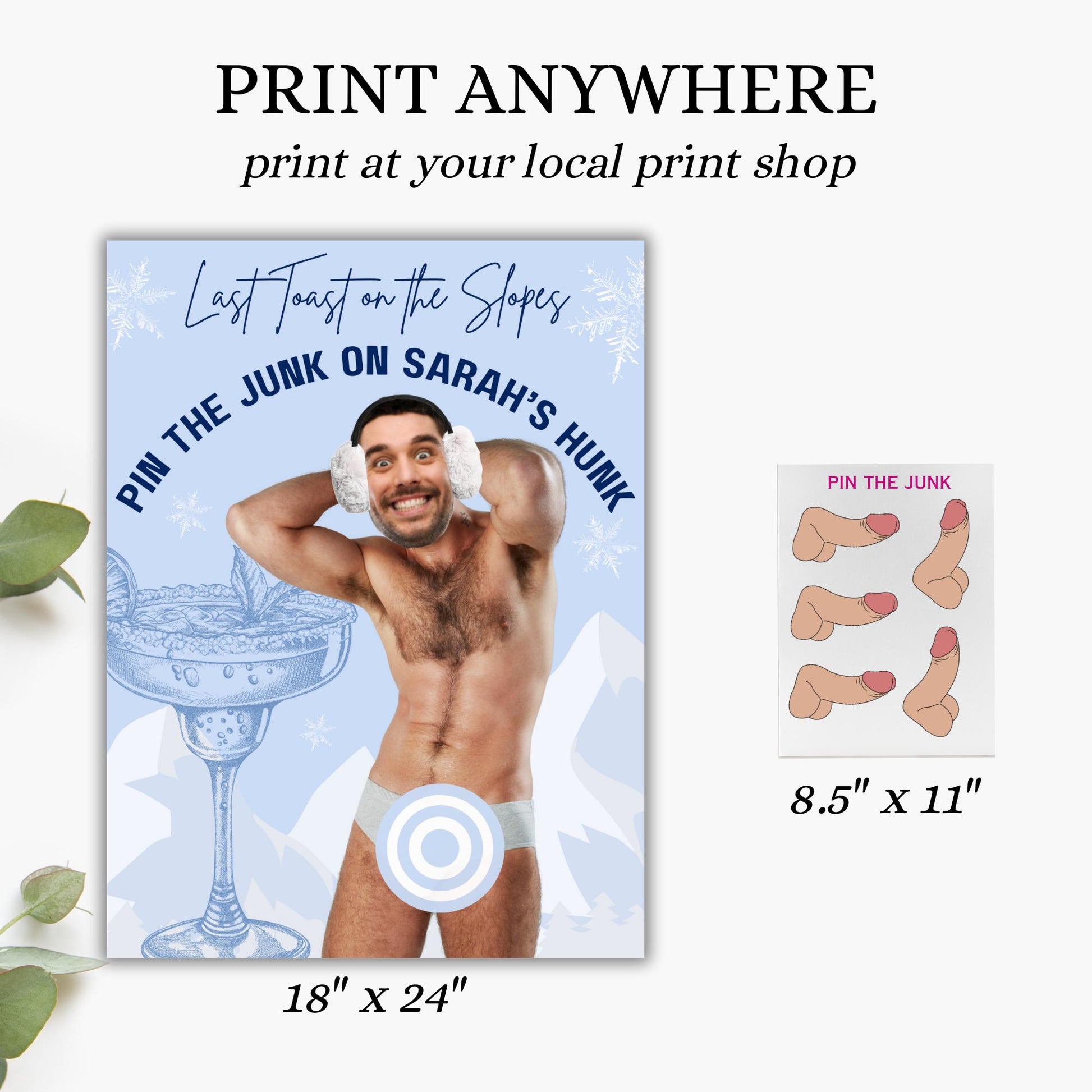 Last Toast on the Slopes Bachelorette Game Apres Ski Hen Party Groom face personalized decor sign Pin the Junk on the Hunk Winter Bride
