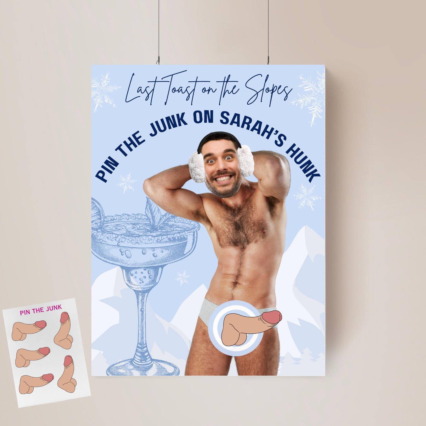 Last Toast on the Slopes Bachelorette Game Apres Ski Hen Party Groom face personalized decor sign Pin the Junk on the Hunk Winter Bride