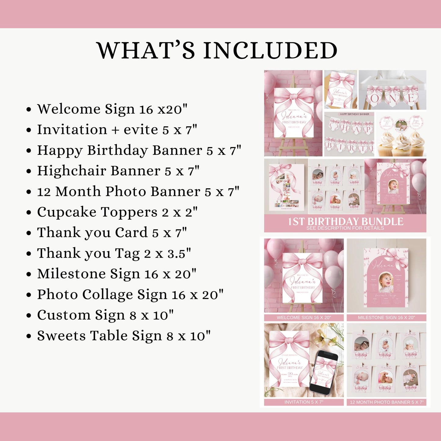 Pink Bow First Birthday Bundle Girls Just Wanna Be One Invitation 1st Birthday Decor Coquette Aesthetic Girl Birthday Decorations Editable