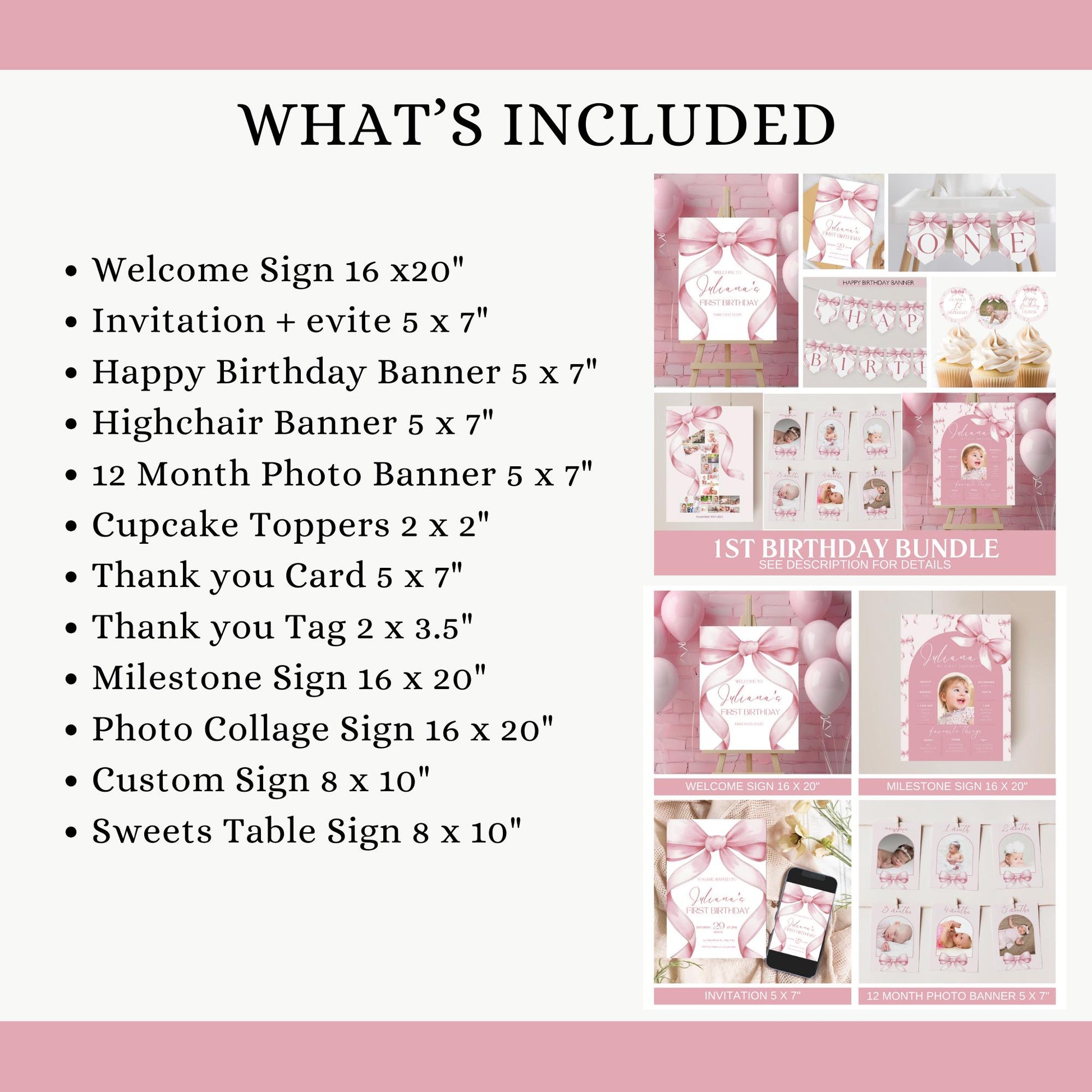 Pink Bow First Birthday Bundle Girls Just Wanna Be One Invitation 1st Birthday Decor Coquette Aesthetic Girl Birthday Decorations Editable