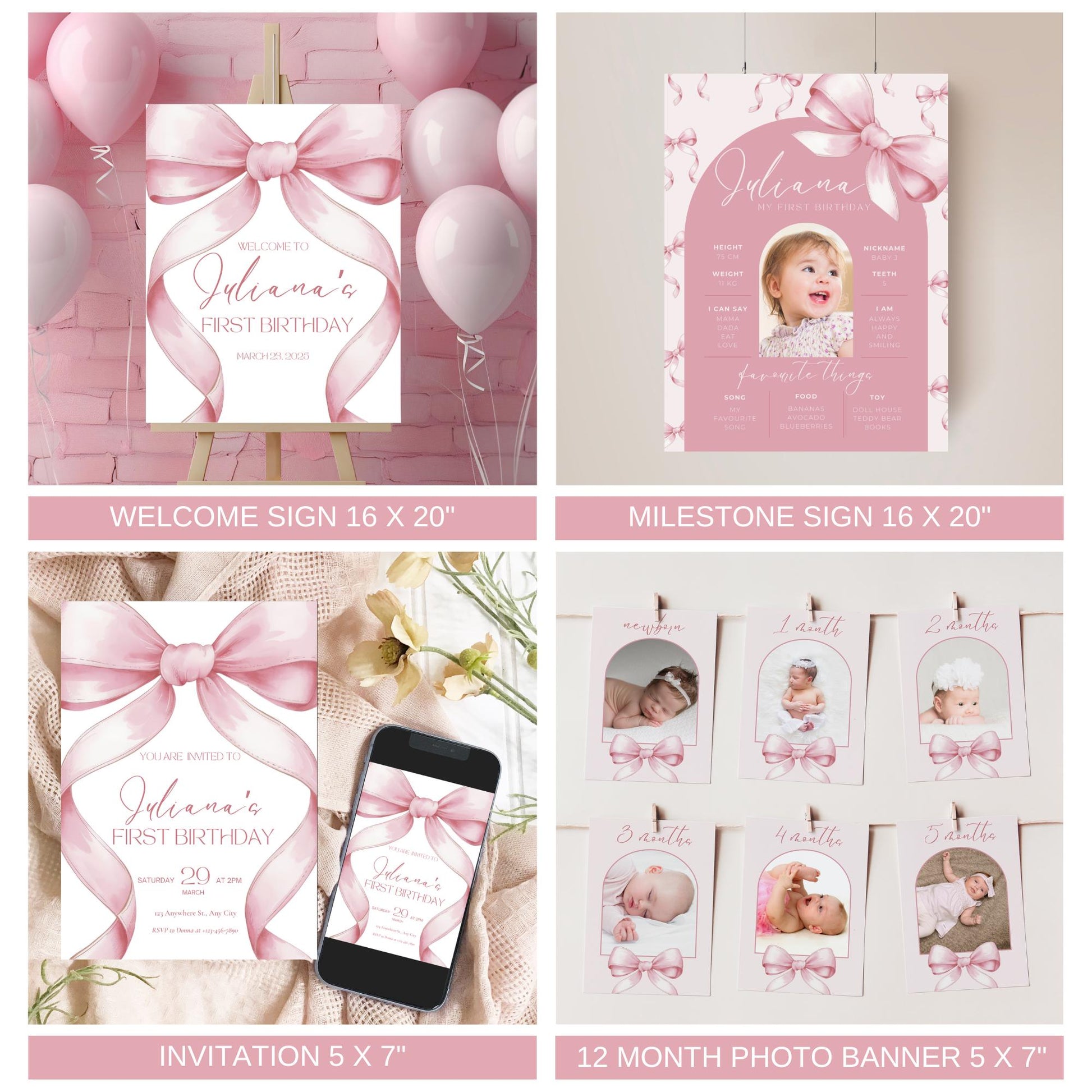 Pink Bow First Birthday Bundle Girls Just Wanna Be One Invitation 1st Birthday Decor Coquette Aesthetic Girl Birthday Decorations Editable