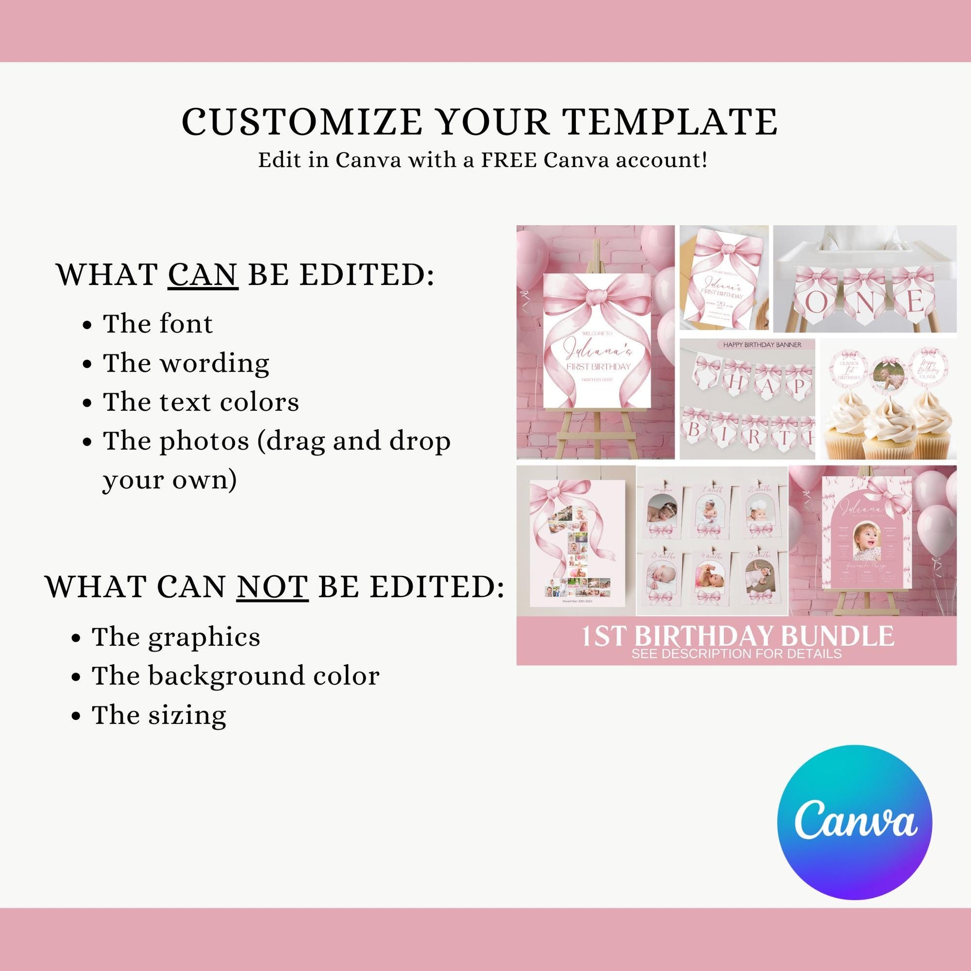 Pink Bow First Birthday Bundle Girls Just Wanna Be One Invitation 1st Birthday Decor Coquette Aesthetic Girl Birthday Decorations Editable