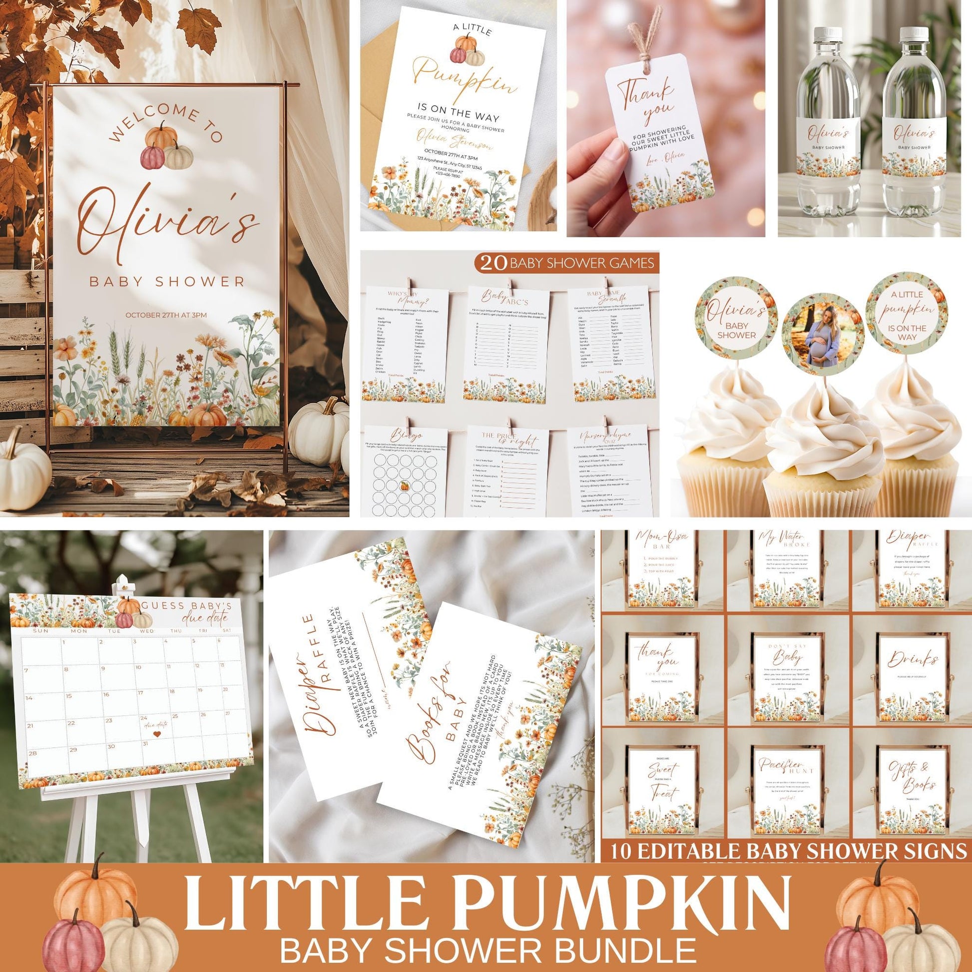 Little Pumpkin Baby Shower Bundle Fall Pumpkin Baby Shower Invitation Autumn Baby shower Pumpkin Baby Shower Decorations Games Template