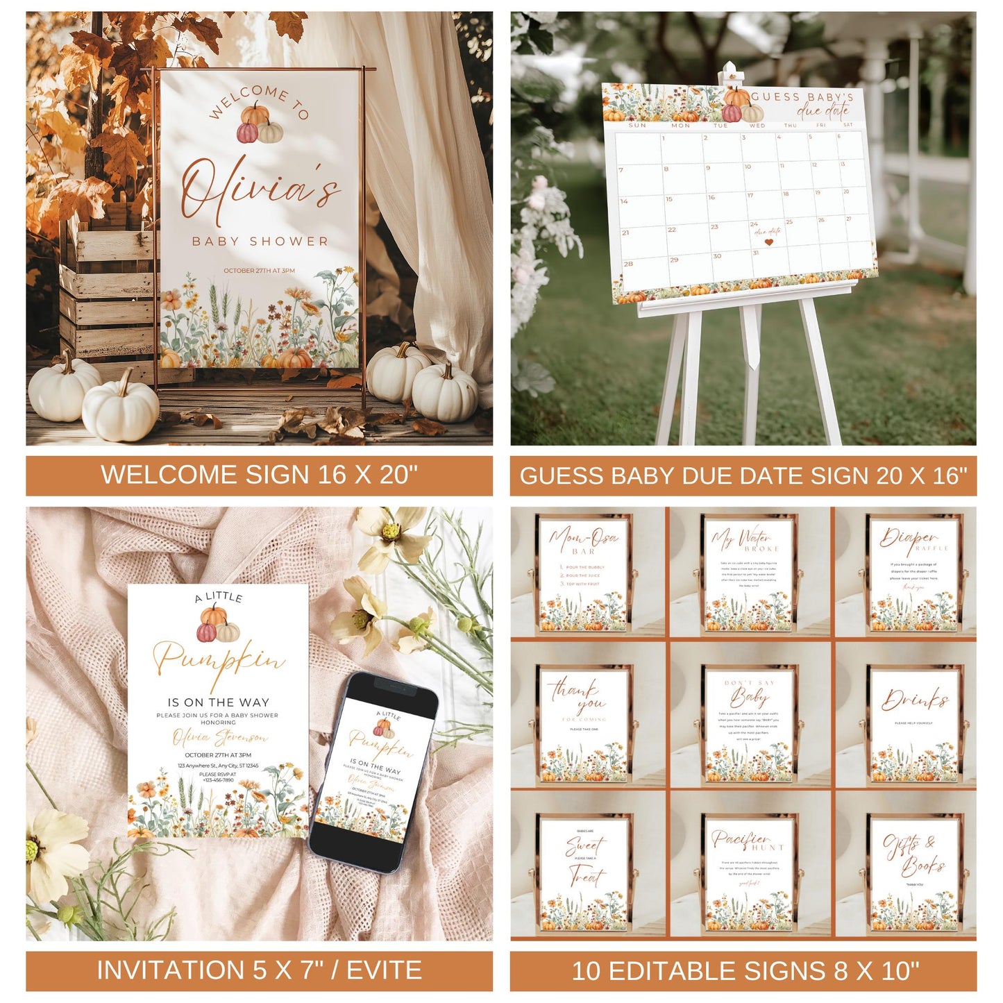 Little Pumpkin Baby Shower Bundle Fall Pumpkin Baby Shower Invitation Autumn Baby shower Pumpkin Baby Shower Decorations Games Template