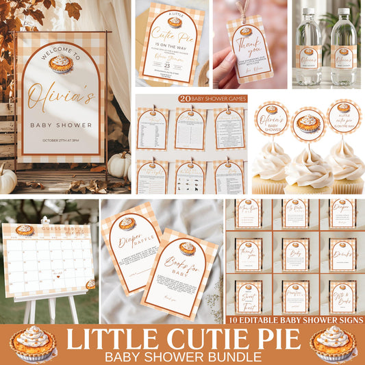 Cutie Pie Baby Shower Bundle Fall Pumpkin Pie Baby Shower Invitation Autumn Baby shower Baking Baby Shower Gingham Decoration Template