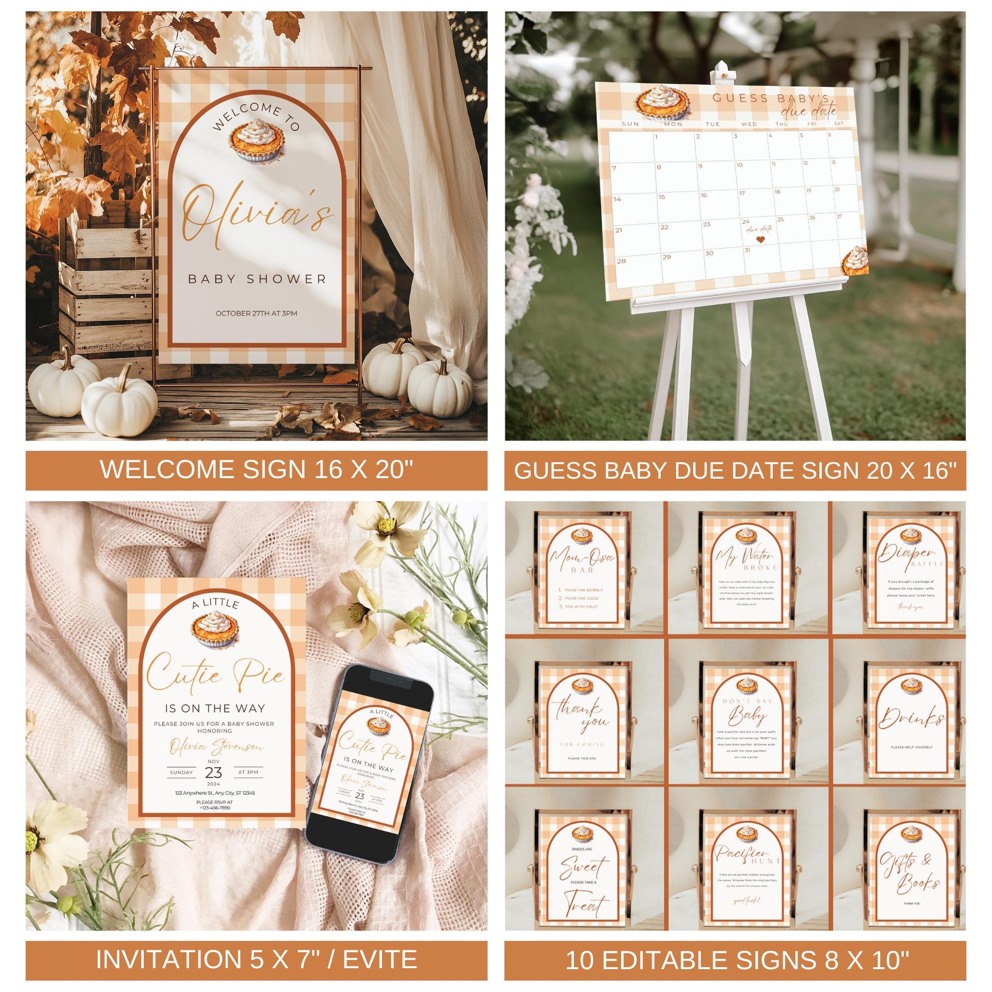Cutie Pie Baby Shower Bundle Fall Pumpkin Pie Baby Shower Invitation Autumn Baby shower Baking Baby Shower Gingham Decoration Template