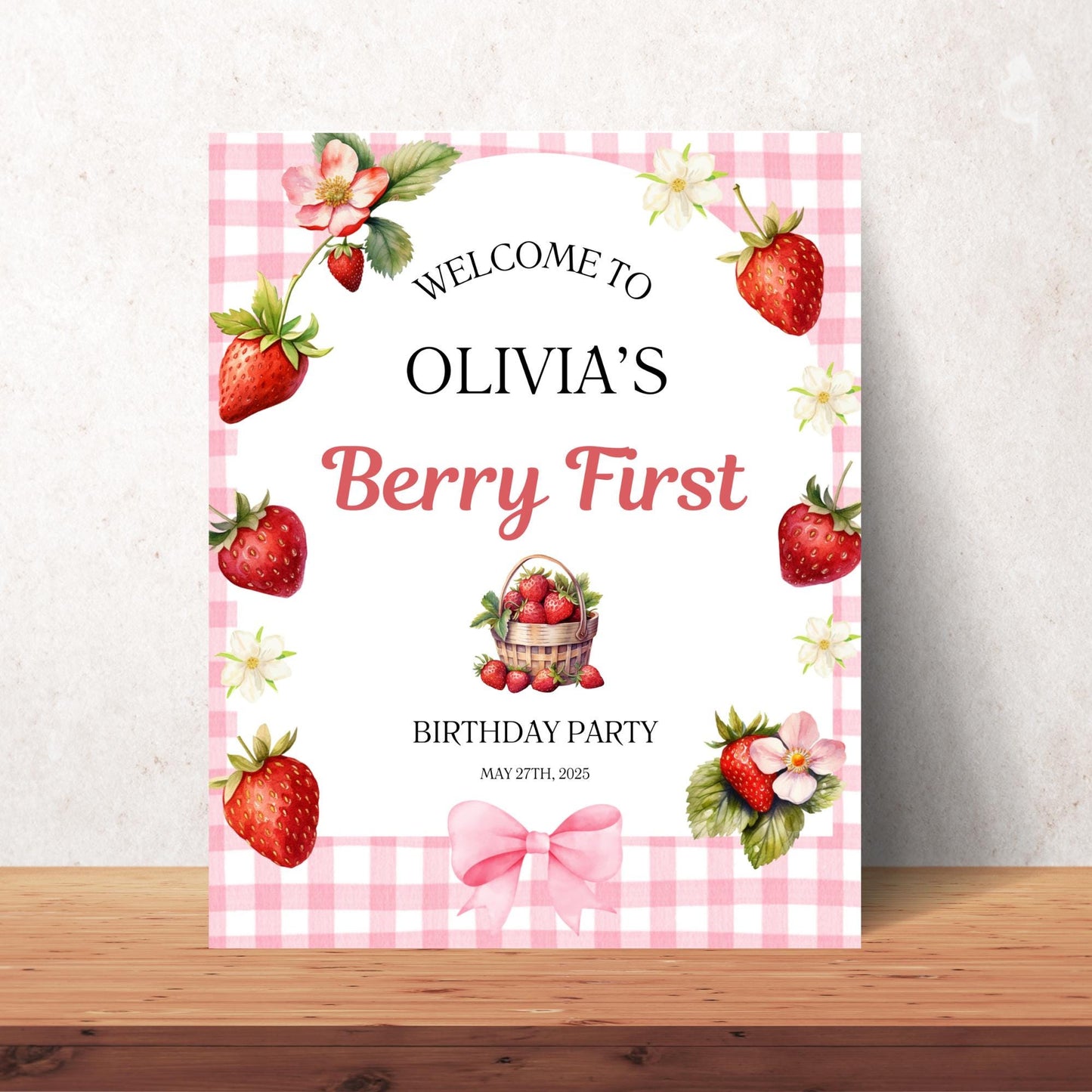 Berry First Birthday Sign Gingham Pink Berry 1st Birthday Welcome Sign Strawberry party farmer's market One Yard Sign 1st birthday girl