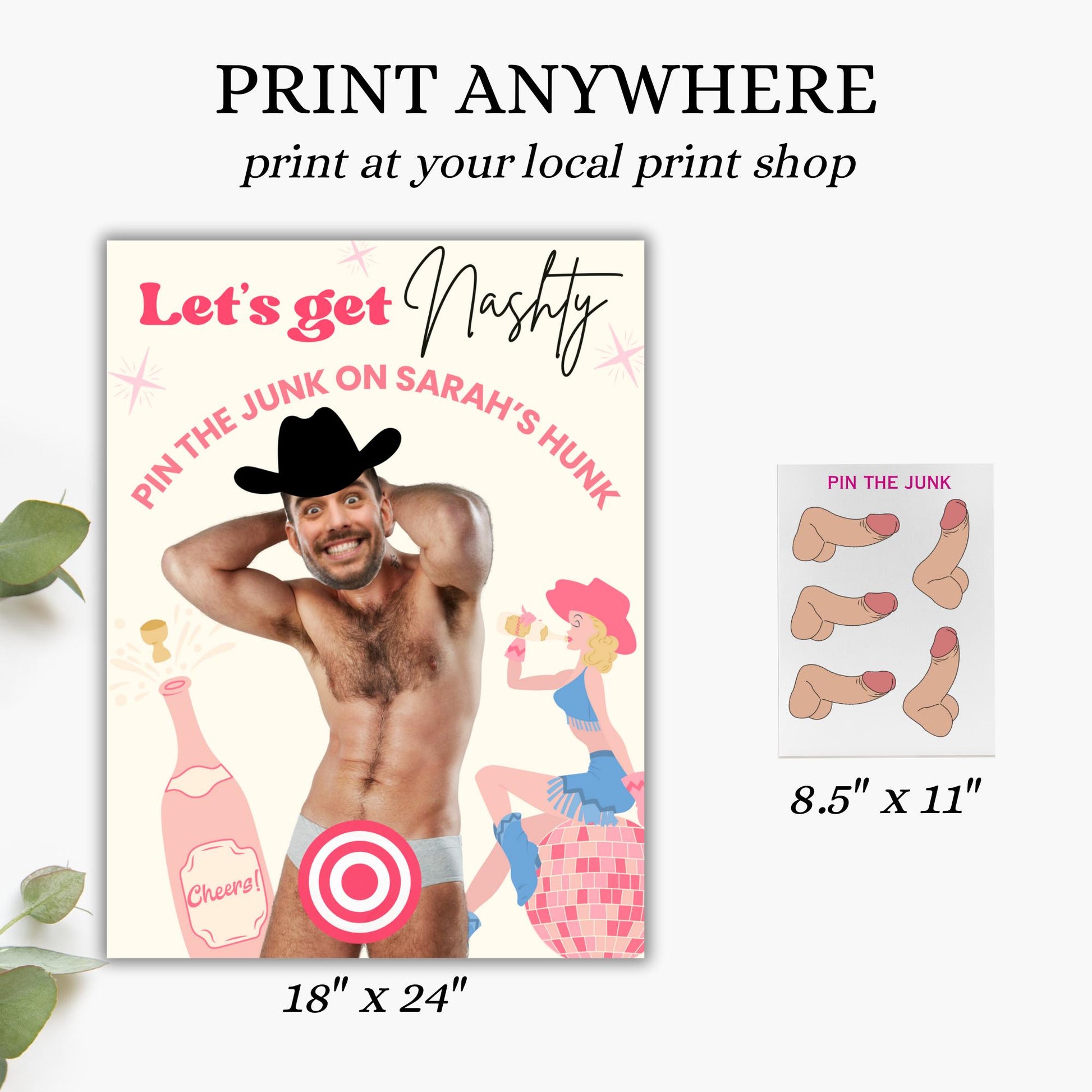 Nashville Bachelorette Party Game Let's Get Nashty Disco Cowgirl Hen Party Groom face personalized decor sign Pin the Junk on the Hunk