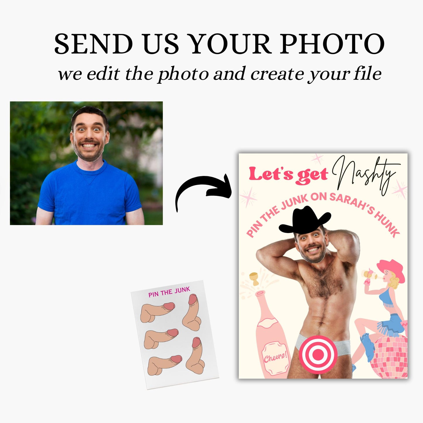 Let's Get Nashty Nashville Bachelorette Party Game Disco Cowgirl Hen Party Groom face personalized decor sign Pin the Junk on the Hunk