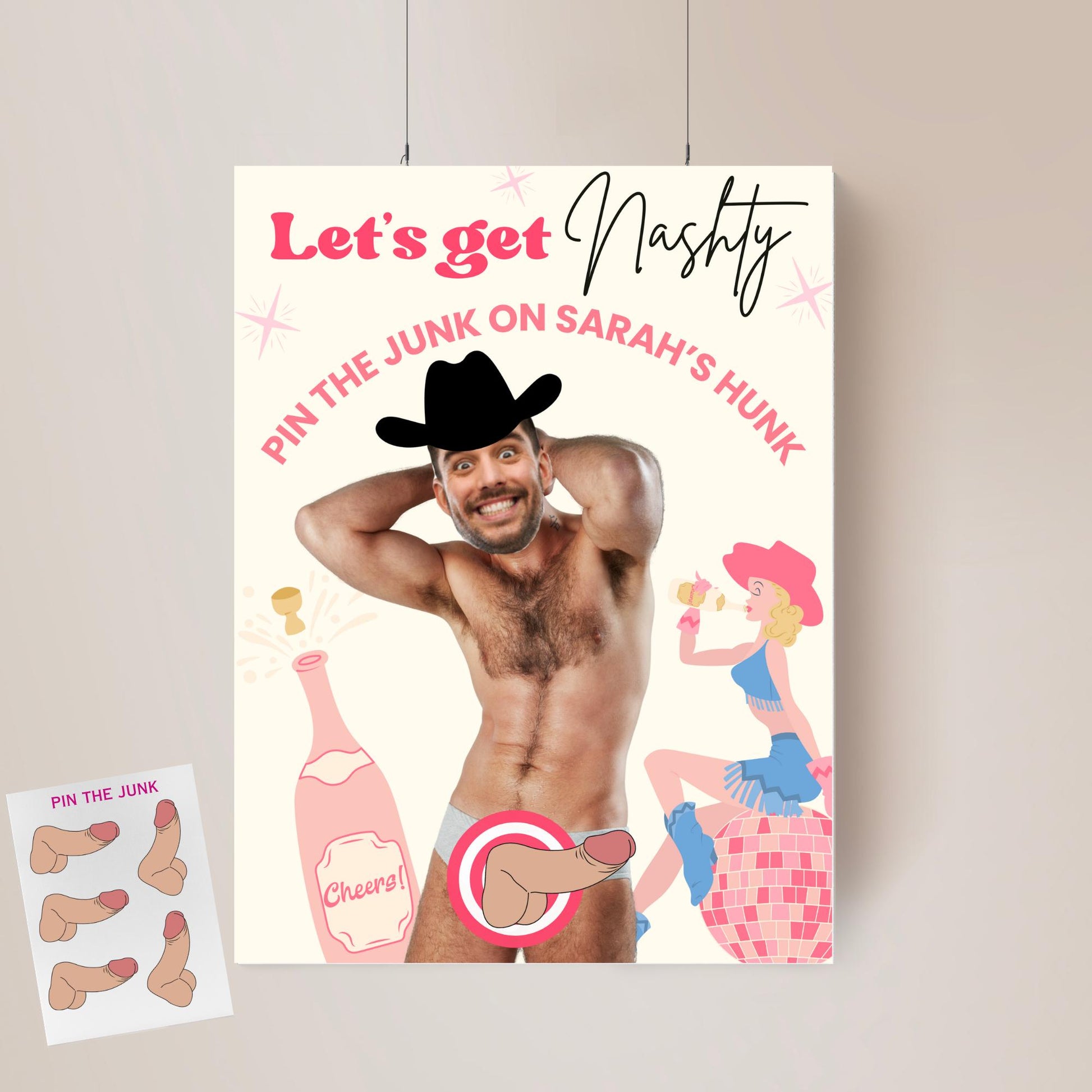 Nashville Bachelorette Party Game Let's Get Nashty Disco Cowgirl Hen Party Groom face personalized decor sign Pin the Junk on the Hunk