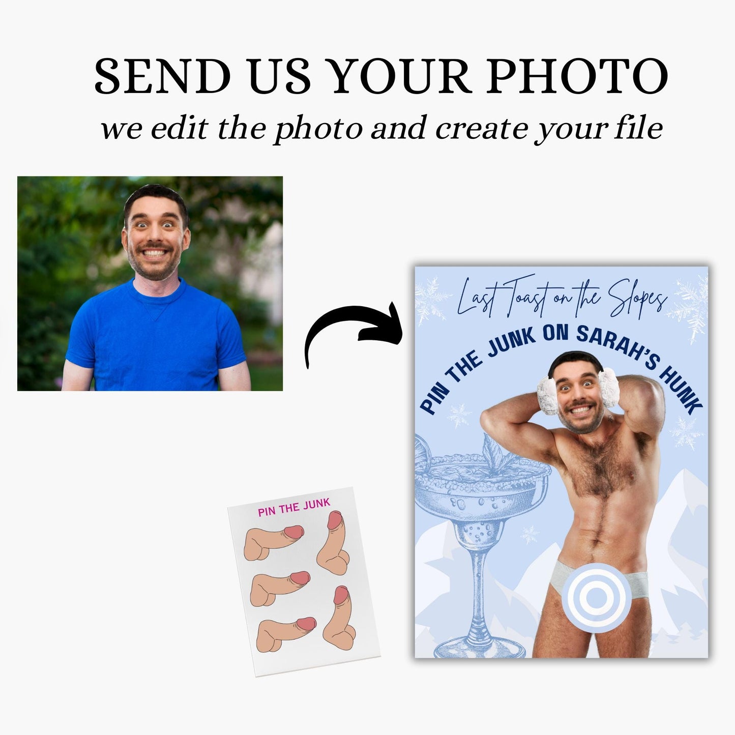 Last Toast on the Slopes Bachelorette Game Apres Ski Hen Party Groom face personalized decor sign Pin the Junk on the Hunk Winter Bride