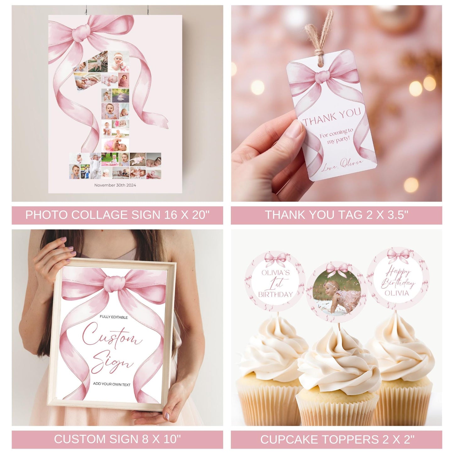 Pink Bow First Birthday Bundle Girls Just Wanna Be One Invitation 1st Birthday Decor Coquette Aesthetic Girl Birthday Decorations Editable