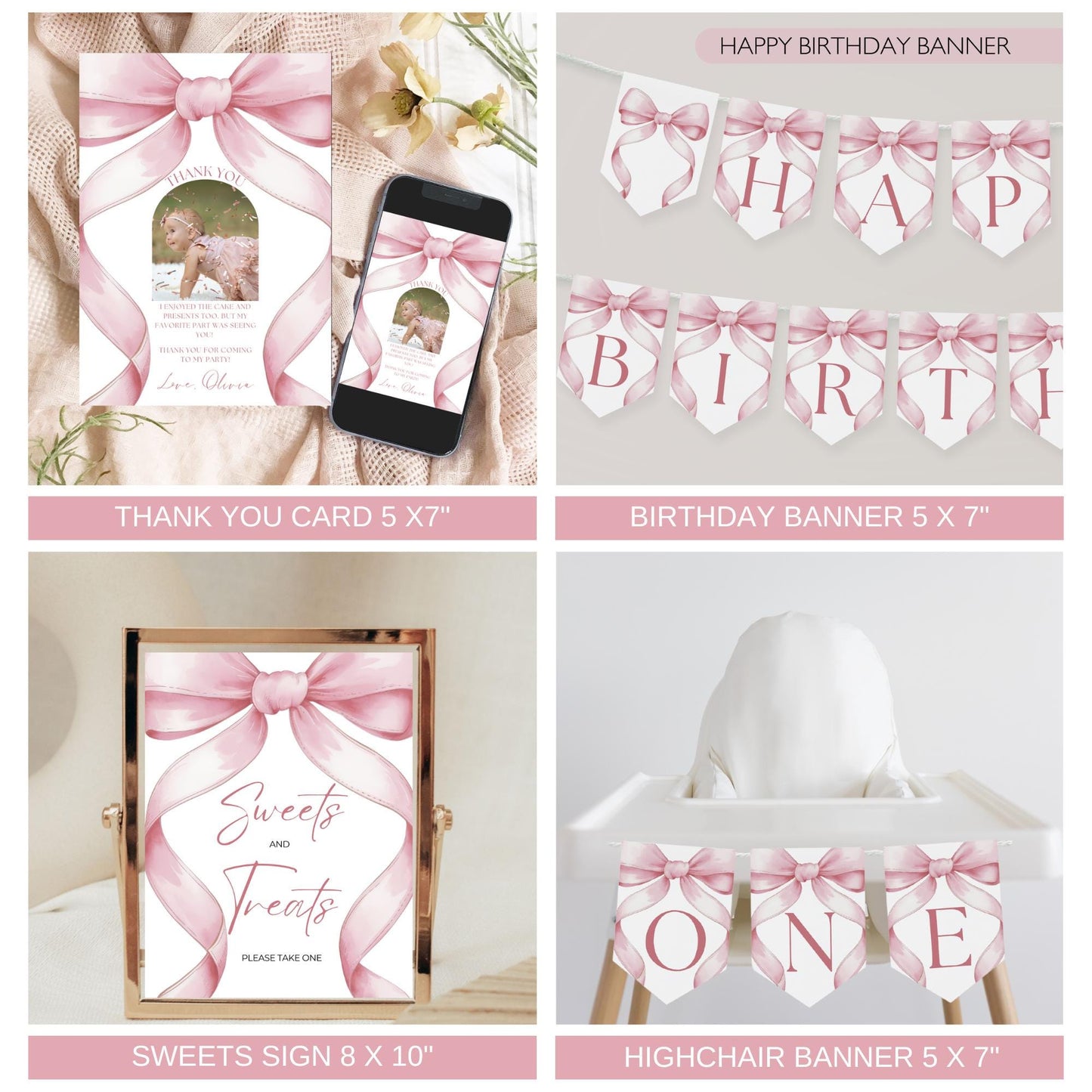 Pink Bow First Birthday Bundle Girls Just Wanna Be One Invitation 1st Birthday Decor Coquette Aesthetic Girl Birthday Decorations Editable