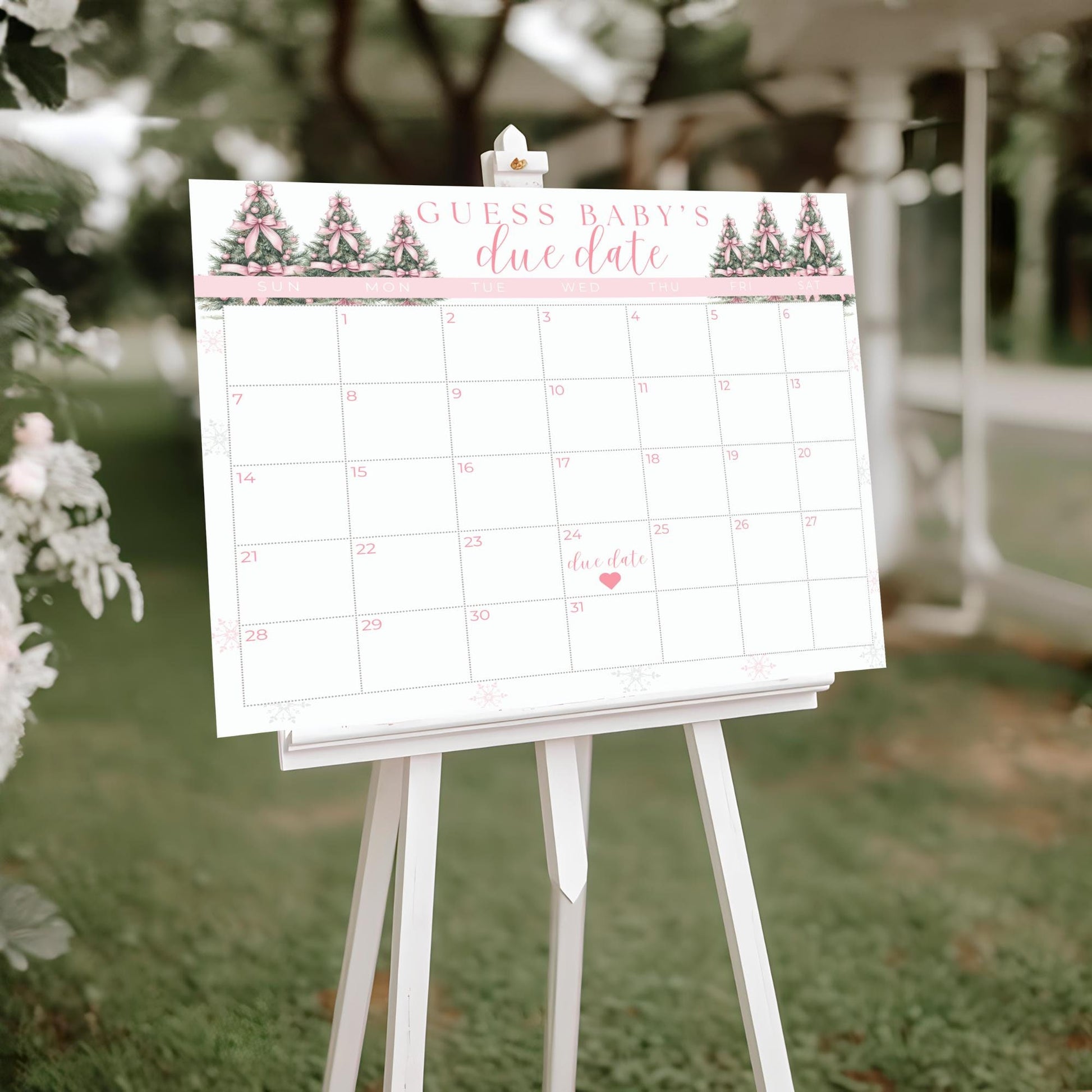 Pink Winter Wonderland Baby Shower Guess the Due Date Sign Editable Baby Shower Game Pink Bow Baby its Cold Outside Baby Shower Games Snow