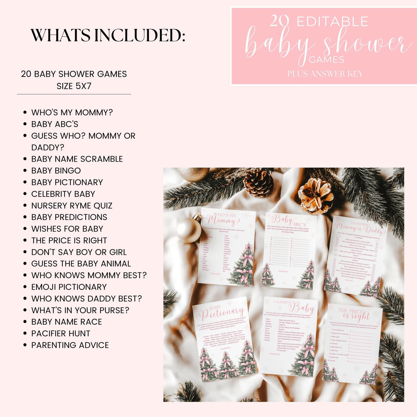 Pink Christmas Baby Shower Bundle Baby it's Cold Outside Bundle Winter Baby Shower Bundle Set Coquette Pink Bow Girl Baby Shower Invitation