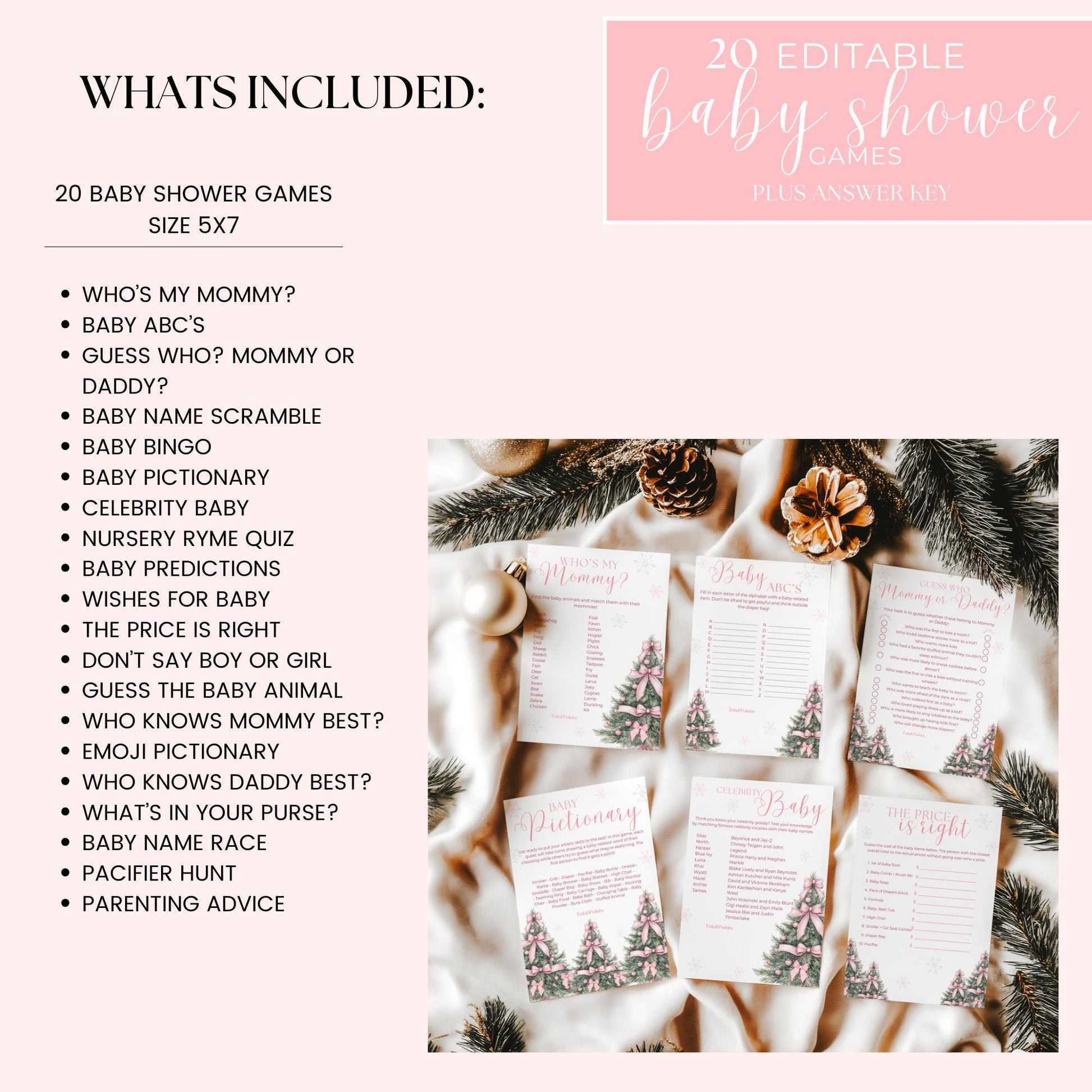 Pink Christmas Baby Shower Bundle Baby it's Cold Outside Bundle Winter Baby Shower Bundle Set Coquette Pink Bow Girl Baby Shower Invitation