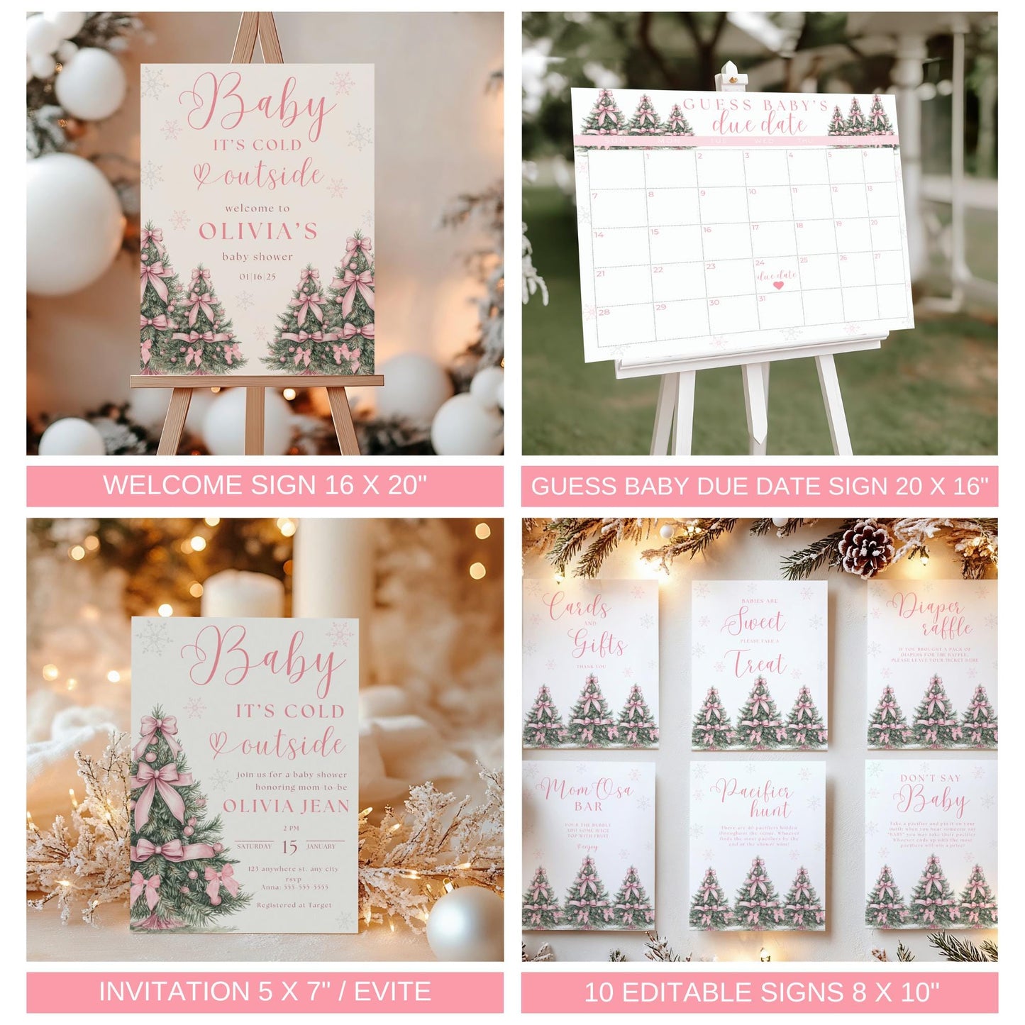 Pink Christmas Baby Shower Bundle Baby it's Cold Outside Bundle Winter Baby Shower Bundle Set Coquette Pink Bow Girl Baby Shower Invitation