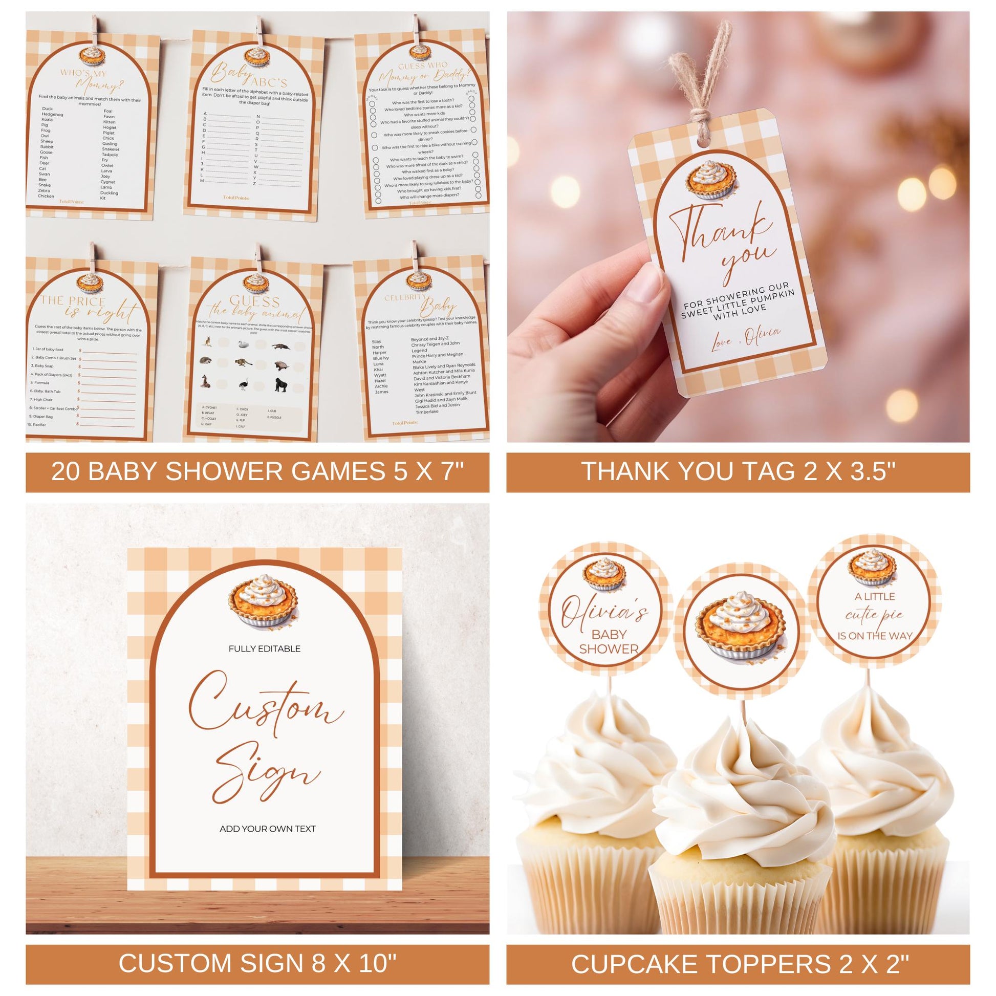 Cutie Pie Baby Shower Bundle Fall Pumpkin Pie Baby Shower Invitation Autumn Baby shower Baking Baby Shower Gingham Decoration Template