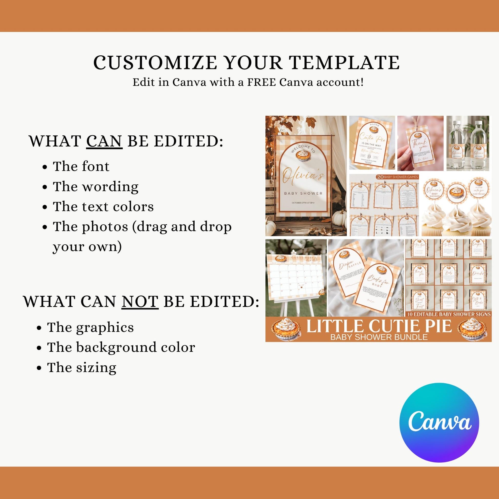 Cutie Pie Baby Shower Bundle Fall Pumpkin Pie Baby Shower Invitation Autumn Baby shower Baking Baby Shower Gingham Decoration Template